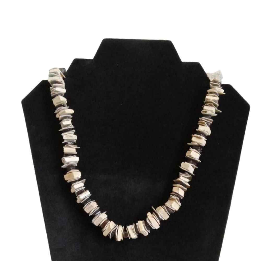 Brown & White Stacked Seashell Shard Pieces Chunky Single Strand Unisex Necklace